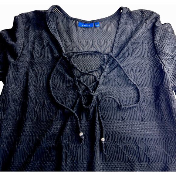 APT. 9 Black Sheer Swimsuit Cover-Up Dress Sz Small Laced Up V-Neck 3/4 Sleeves - Picture 4 of 7